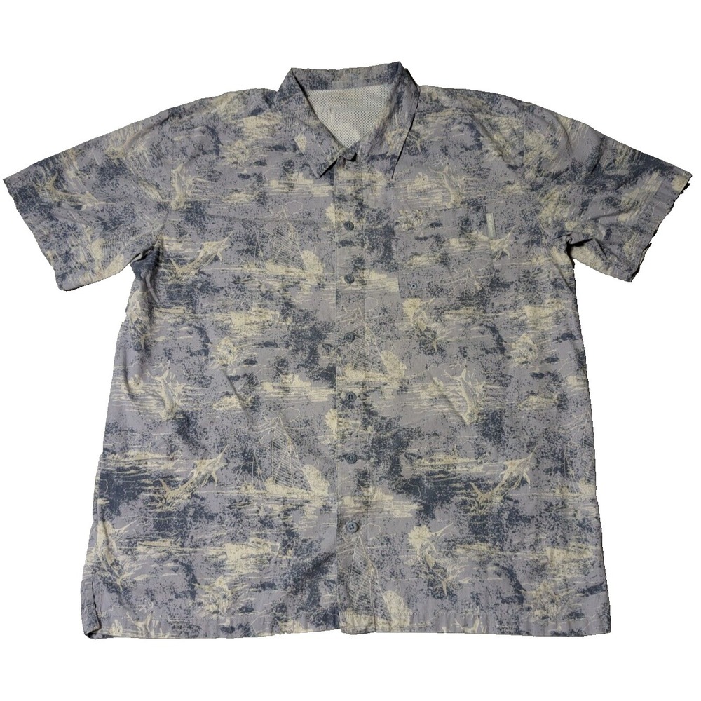 COLUMBIA PFG Men Medium Blue Sailboat Sailfish AOP Cotton Vented Button Shirt
